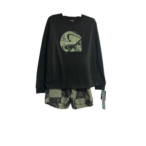 ART CLASS Unisex 2 Piece Sweatshirt & Shorts Pajama Set Size XL Black & Green - Picture 1 of 8